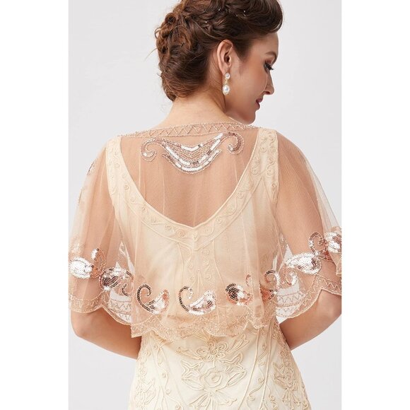 🆕 Women Cream Sequin Beaded Evening Cape Bridal Shawl Bolero Flapper Cover Up - Picture 4 of 6